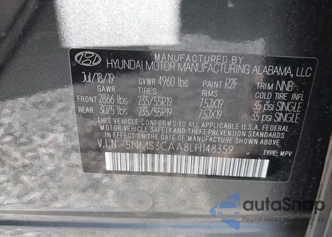 2020 Hyundai Santa Fe Sel 2.0T z USA, uszkodzony, nr VIN 5NMS3CAA8LH148359